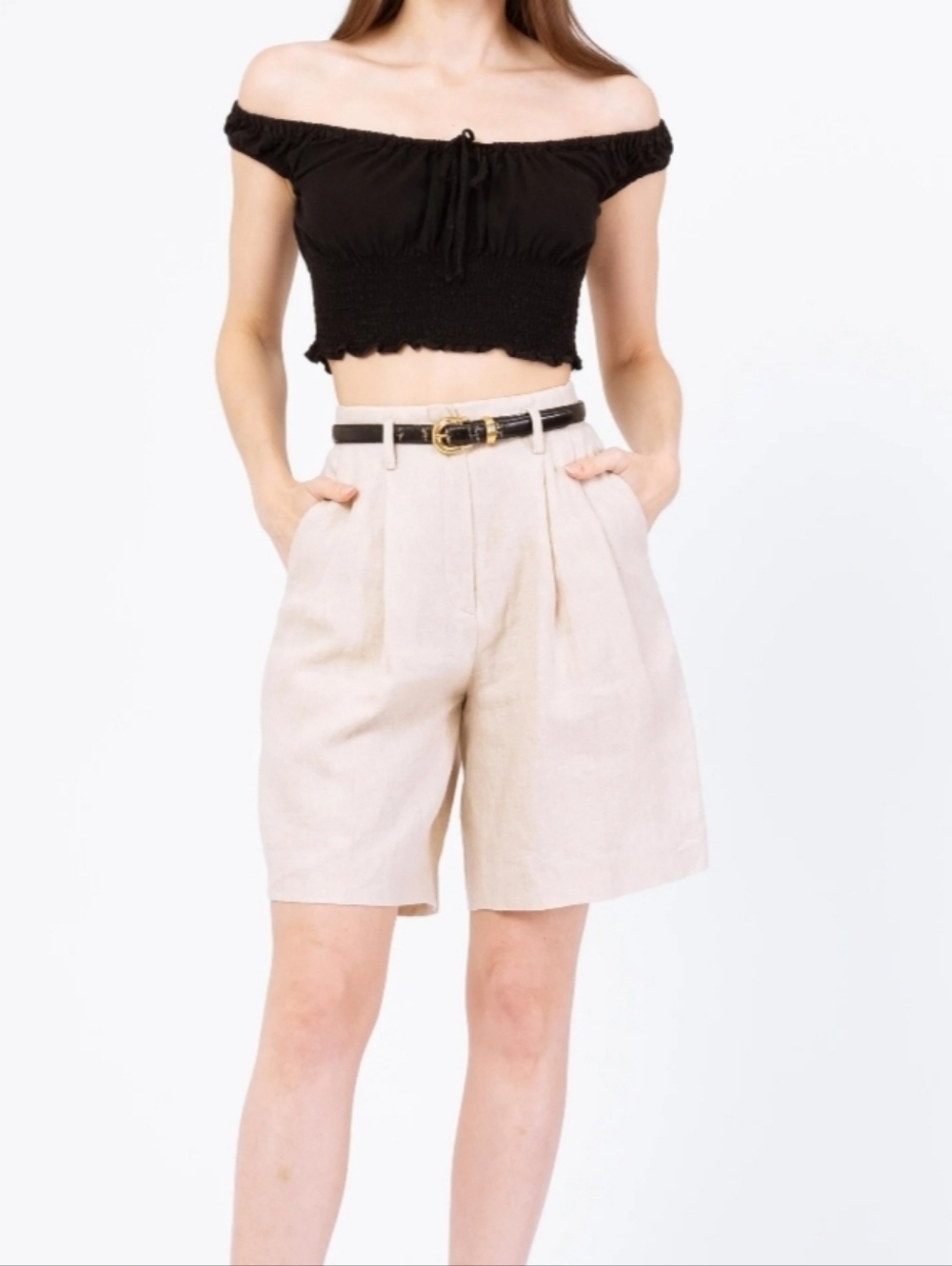 VTG Valerie Stevens Women's 90s Oatmeal 100% Linen High Waisted Shorts Sz 4